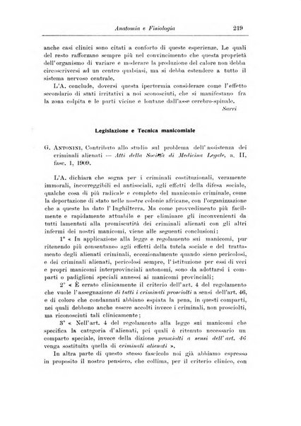 Note e riviste di psichiatria Manicomio provinciale di Pesaro