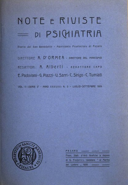 Note e riviste di psichiatria Manicomio provinciale di Pesaro