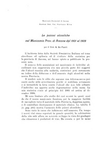 Note e riviste di psichiatria Manicomio provinciale di Pesaro