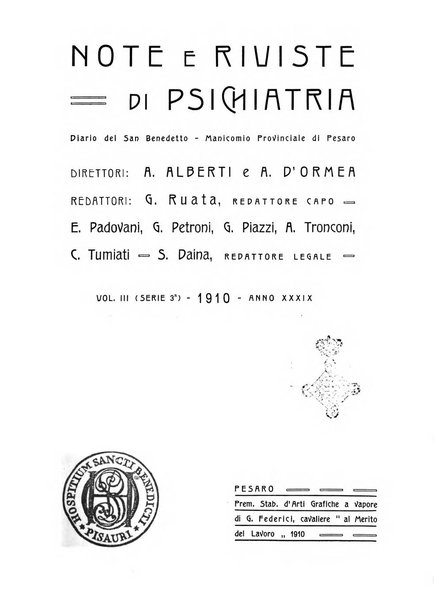 Note e riviste di psichiatria Manicomio provinciale di Pesaro