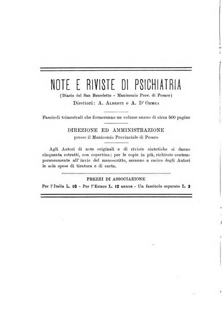 Note e riviste di psichiatria Manicomio provinciale di Pesaro