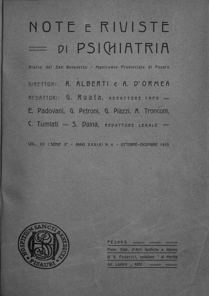 Note e riviste di psichiatria Manicomio provinciale di Pesaro