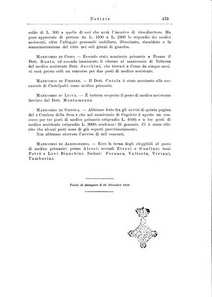 Note e riviste di psichiatria Manicomio provinciale di Pesaro