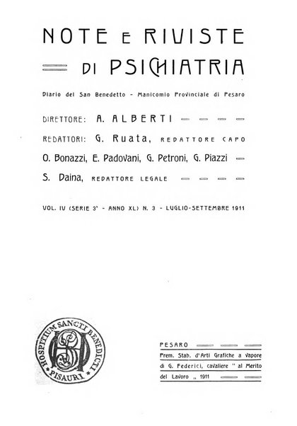 Note e riviste di psichiatria Manicomio provinciale di Pesaro