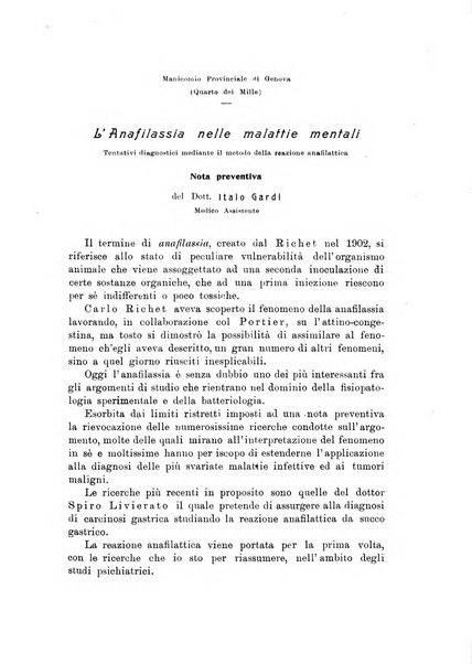 Note e riviste di psichiatria Manicomio provinciale di Pesaro