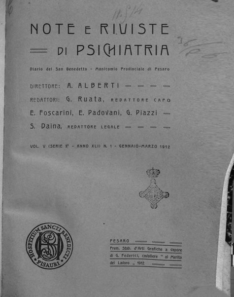 Note e riviste di psichiatria Manicomio provinciale di Pesaro