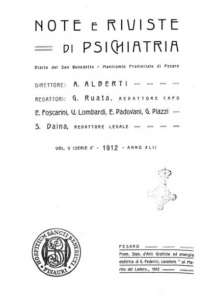 Note e riviste di psichiatria Manicomio provinciale di Pesaro