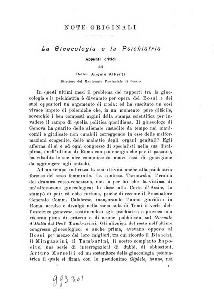 Note e riviste di psichiatria Manicomio provinciale di Pesaro