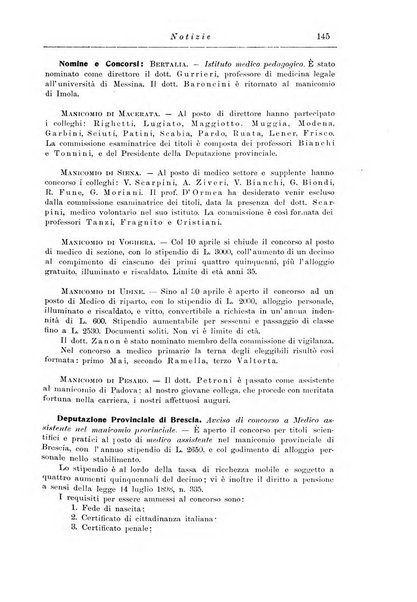 Note e riviste di psichiatria Manicomio provinciale di Pesaro