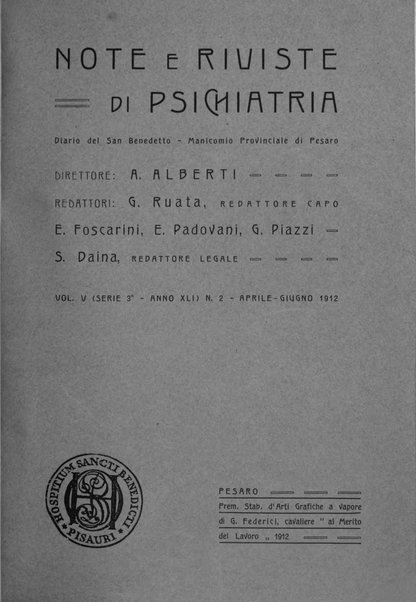 Note e riviste di psichiatria Manicomio provinciale di Pesaro