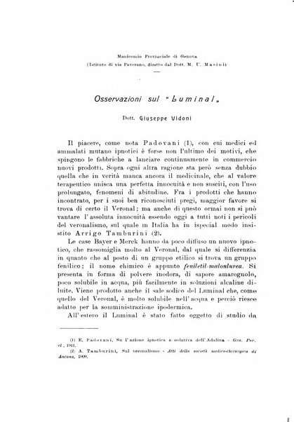 Note e riviste di psichiatria Manicomio provinciale di Pesaro