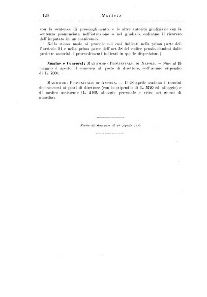 Note e riviste di psichiatria Manicomio provinciale di Pesaro