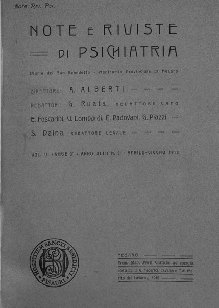 Note e riviste di psichiatria Manicomio provinciale di Pesaro