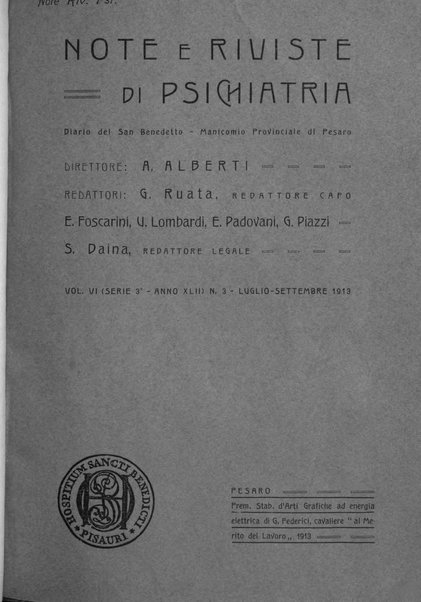 Note e riviste di psichiatria Manicomio provinciale di Pesaro