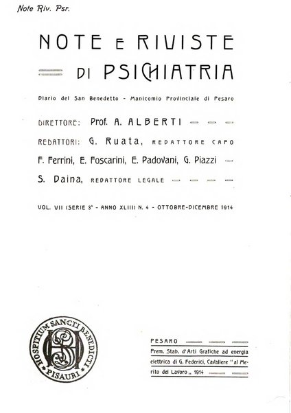 Note e riviste di psichiatria Manicomio provinciale di Pesaro