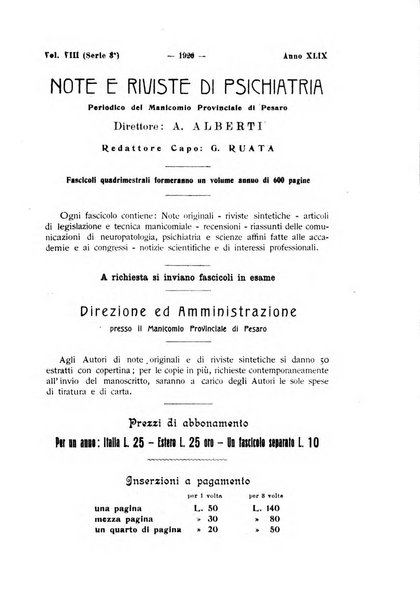 Note e riviste di psichiatria Manicomio provinciale di Pesaro