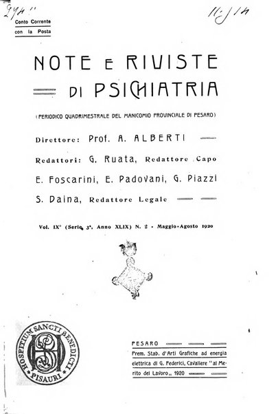 Note e riviste di psichiatria Manicomio provinciale di Pesaro