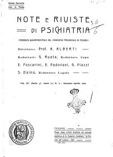 Note e riviste di psichiatria Manicomio provinciale di Pesaro