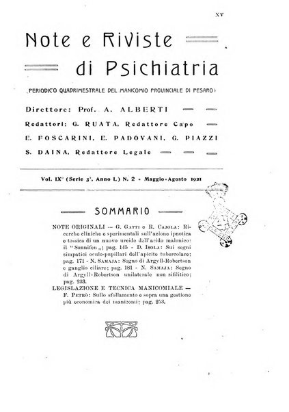 Note e riviste di psichiatria Manicomio provinciale di Pesaro