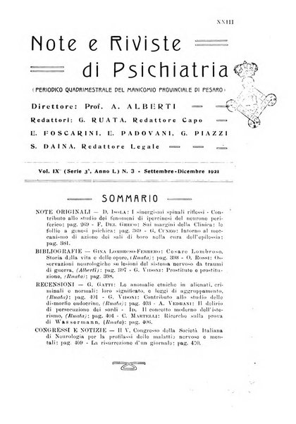 Note e riviste di psichiatria Manicomio provinciale di Pesaro