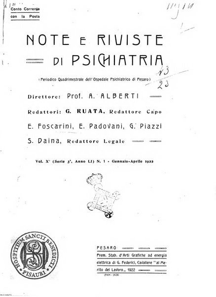 Note e riviste di psichiatria Manicomio provinciale di Pesaro