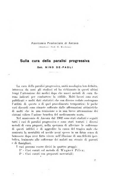 Note e riviste di psichiatria Manicomio provinciale di Pesaro