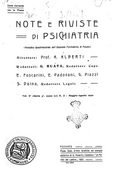 Note e riviste di psichiatria Manicomio provinciale di Pesaro