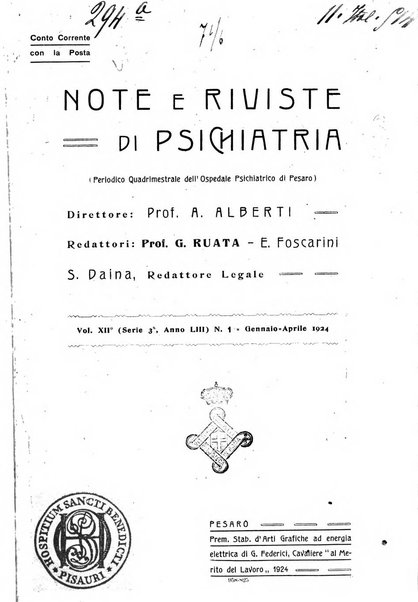 Note e riviste di psichiatria Manicomio provinciale di Pesaro