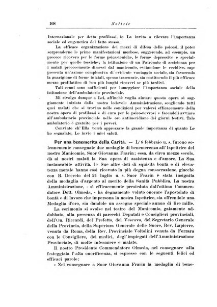 Note e riviste di psichiatria Manicomio provinciale di Pesaro