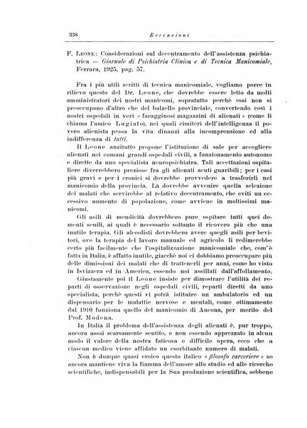 Note e riviste di psichiatria Manicomio provinciale di Pesaro