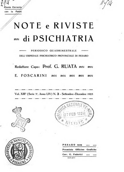 Note e riviste di psichiatria Manicomio provinciale di Pesaro