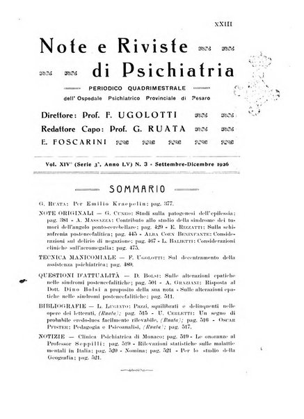 Note e riviste di psichiatria Manicomio provinciale di Pesaro