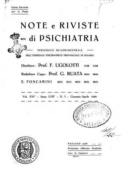 Note e riviste di psichiatria Manicomio provinciale di Pesaro