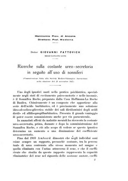 Note e riviste di psichiatria Manicomio provinciale di Pesaro