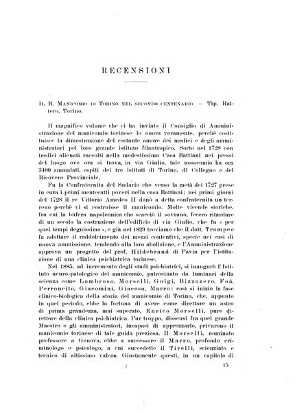 Note e riviste di psichiatria Manicomio provinciale di Pesaro