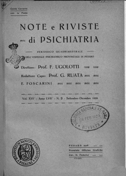 Note e riviste di psichiatria Manicomio provinciale di Pesaro