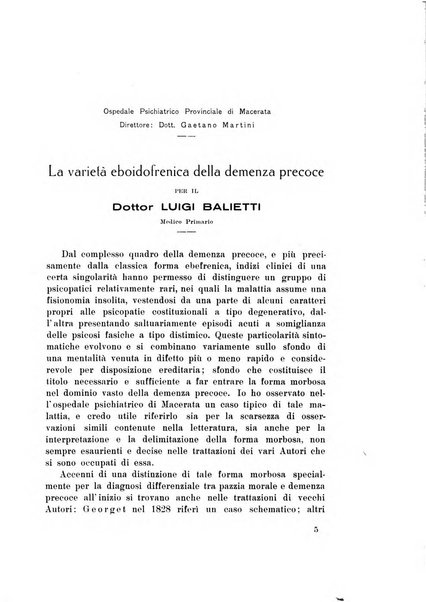 Note e riviste di psichiatria Manicomio provinciale di Pesaro