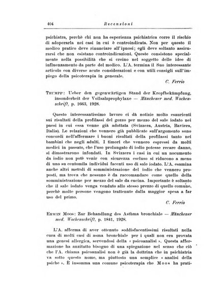 Note e riviste di psichiatria Manicomio provinciale di Pesaro