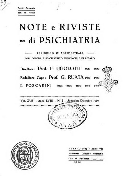 Note e riviste di psichiatria Manicomio provinciale di Pesaro