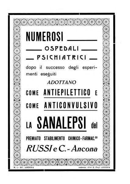 Note e riviste di psichiatria Manicomio provinciale di Pesaro