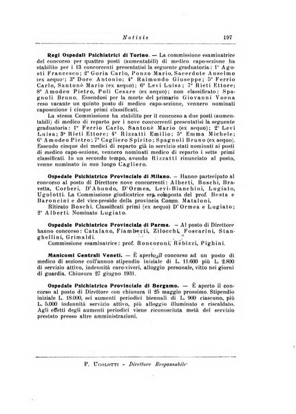 Note e riviste di psichiatria Manicomio provinciale di Pesaro