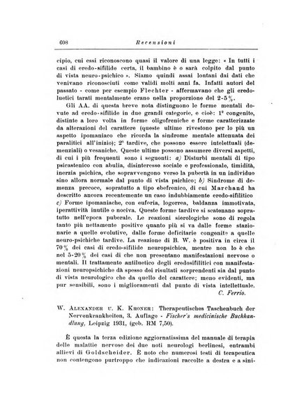 Note e riviste di psichiatria Manicomio provinciale di Pesaro