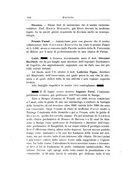 Note e riviste di psichiatria Manicomio provinciale di Pesaro