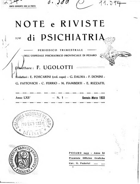 Note e riviste di psichiatria Manicomio provinciale di Pesaro