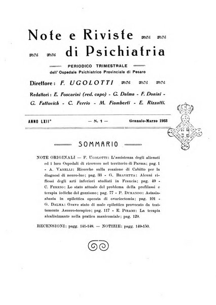 Note e riviste di psichiatria Manicomio provinciale di Pesaro