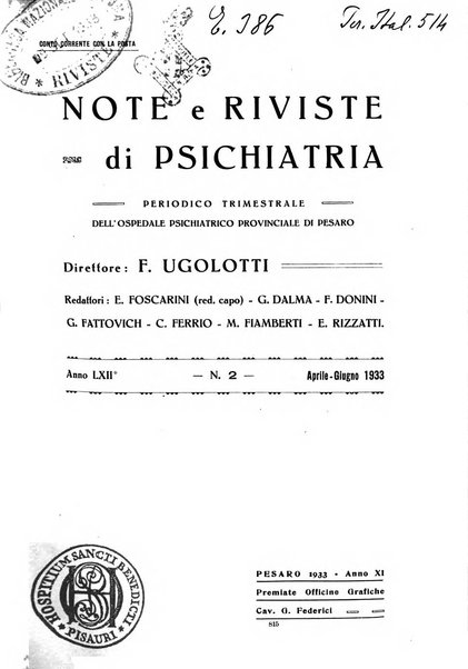 Note e riviste di psichiatria Manicomio provinciale di Pesaro