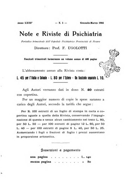 Note e riviste di psichiatria Manicomio provinciale di Pesaro