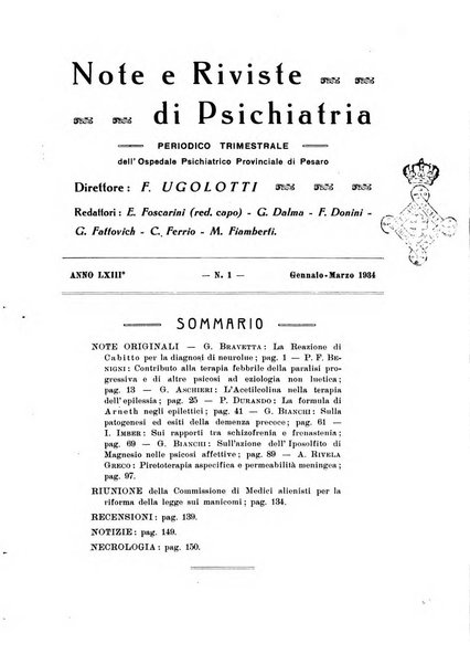 Note e riviste di psichiatria Manicomio provinciale di Pesaro