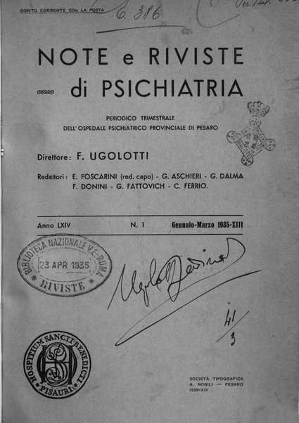 Note e riviste di psichiatria Manicomio provinciale di Pesaro