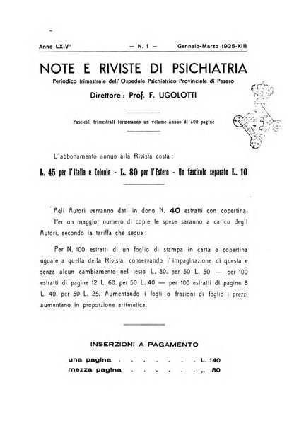 Note e riviste di psichiatria Manicomio provinciale di Pesaro